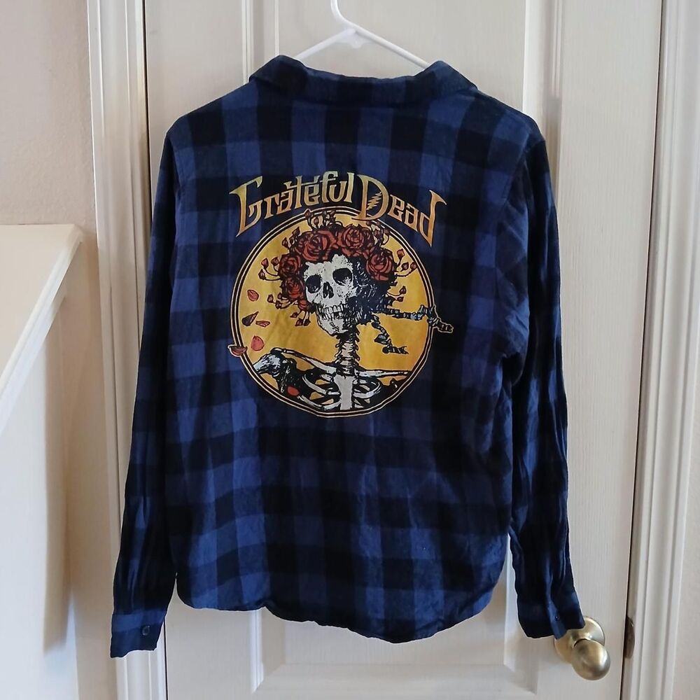 Grateful Dead "Bertha Skull Roses" 100% cotton plaid flannel button-down shirt